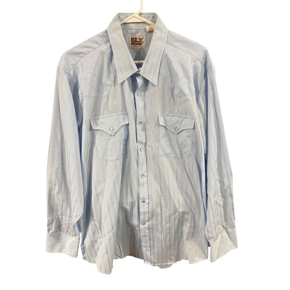 Ely Cattleman Mens XL Western Pearl Snap Shirt Light Blue Striped Jacquard L/S
